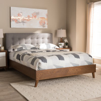 Baxton Studio BBT6729-Grey-King Alinia Mid-century Retro Modern Grey Fabric Upholstered Walnut Wood King Size Platform Bed